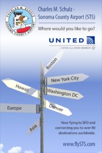 Graphic of a United Airlines flyer that says, "Where would you like to go? Now flying to SFO and connecting you to over 90 destinations wordwide." and shows a sign pointing to various United Airlines destinations.