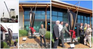 Photo collage from left to right: A crane lifts the bronze sculpture over the fence. Riis Burwell bolts it in place, while Airport Operations Specialist Randy Pricert looks on. Center, Burwell and Syncronetic #4. At right, Burwell cuts the ribbon while Rik Olson, Che Voigt, Supervisor McGuire, Jenniver Sloan, and Doug Pryor (Luther Burbank Home & Gardens) watch.